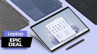 Surface Pro 9 tablet surrouinded by optional Surface Type covers and Surface Pen