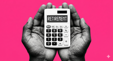 A man's hands are holding a white calculator, with "RETIREMENT" spelled out in the display instead of numbers. Gemini added a hot pink background and changed the display to white letters.