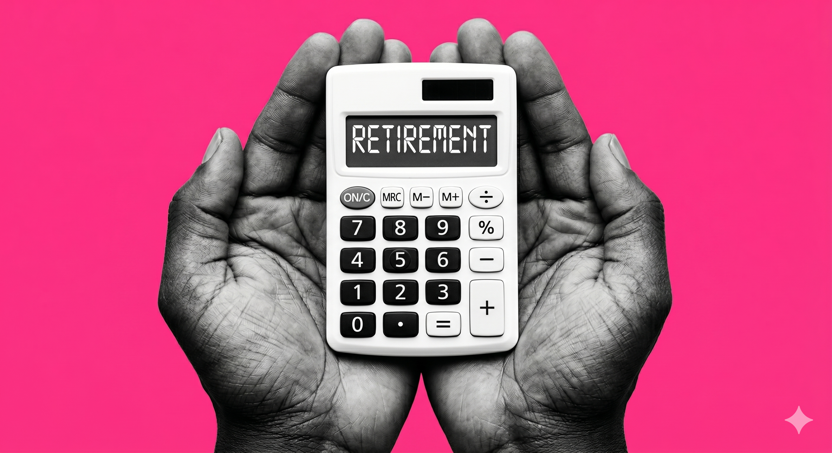 A man's hands are holding a white calculator, with "RETIREMENT" spelled out in the display instead of numbers. Gemini added a hot pink background and changed the display to white letters.