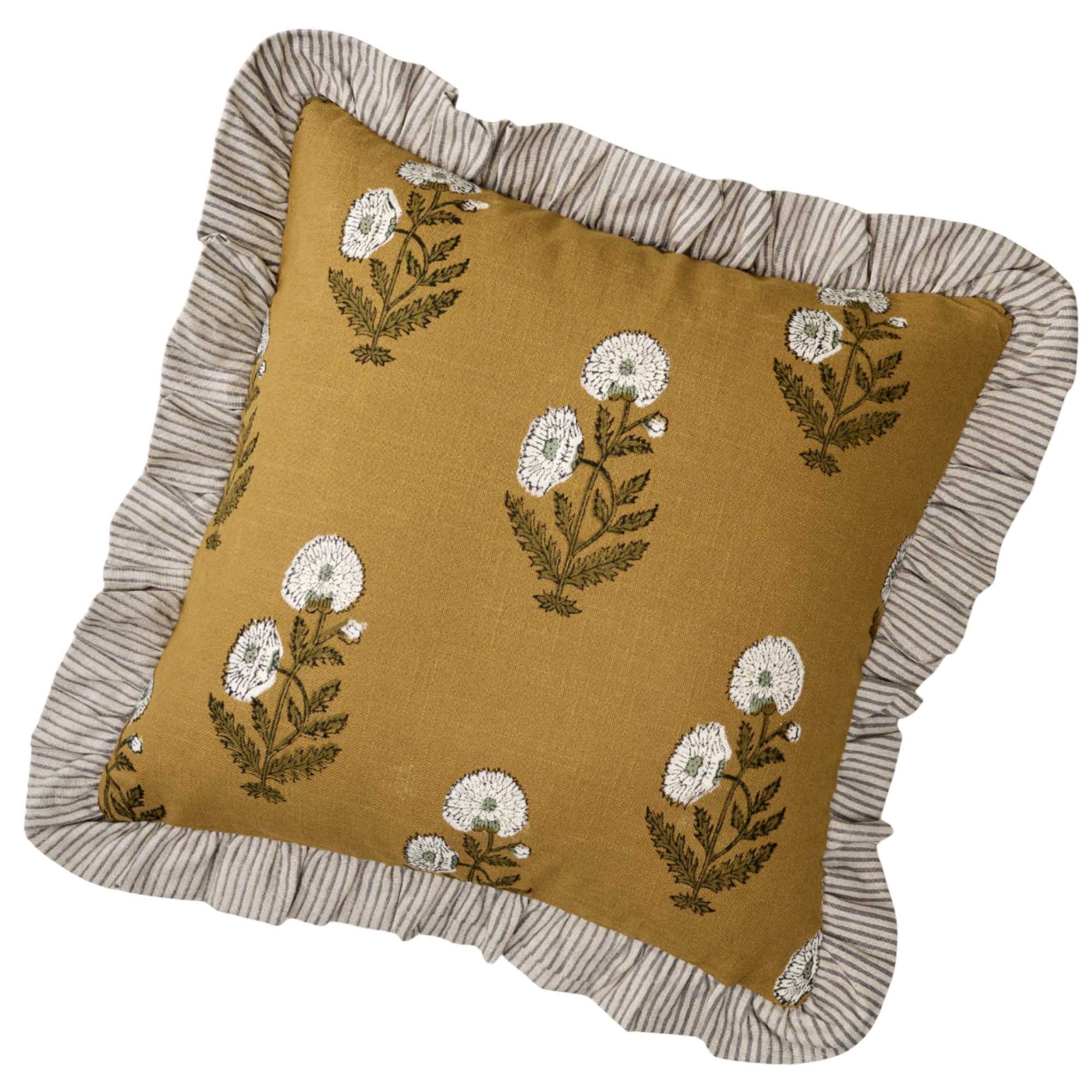 a pillow with ruffled edges and floral print