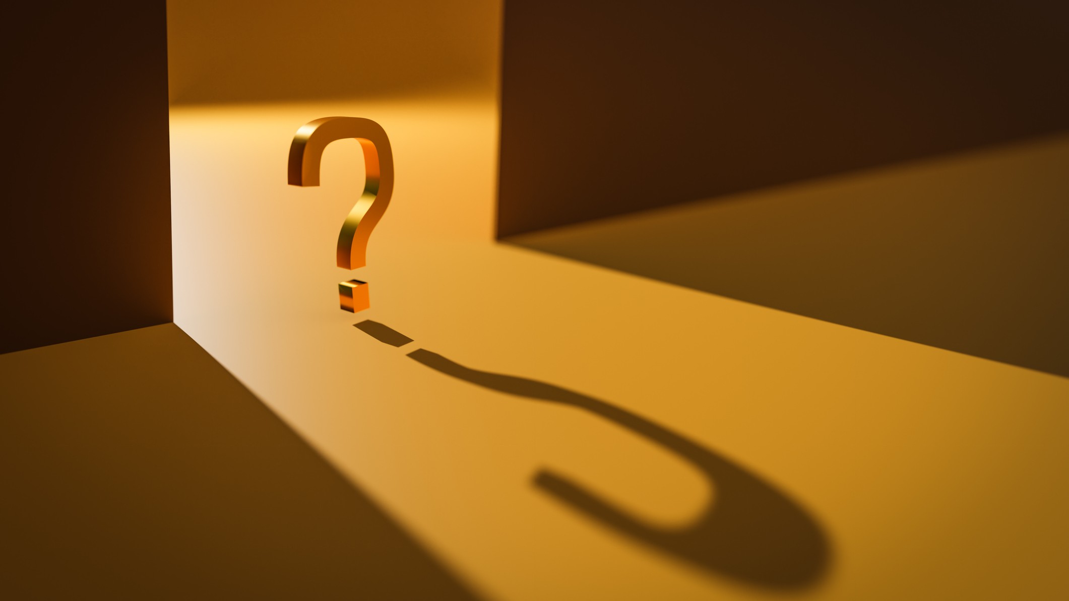 Gold 3D question mark in a doorway with a long shadow