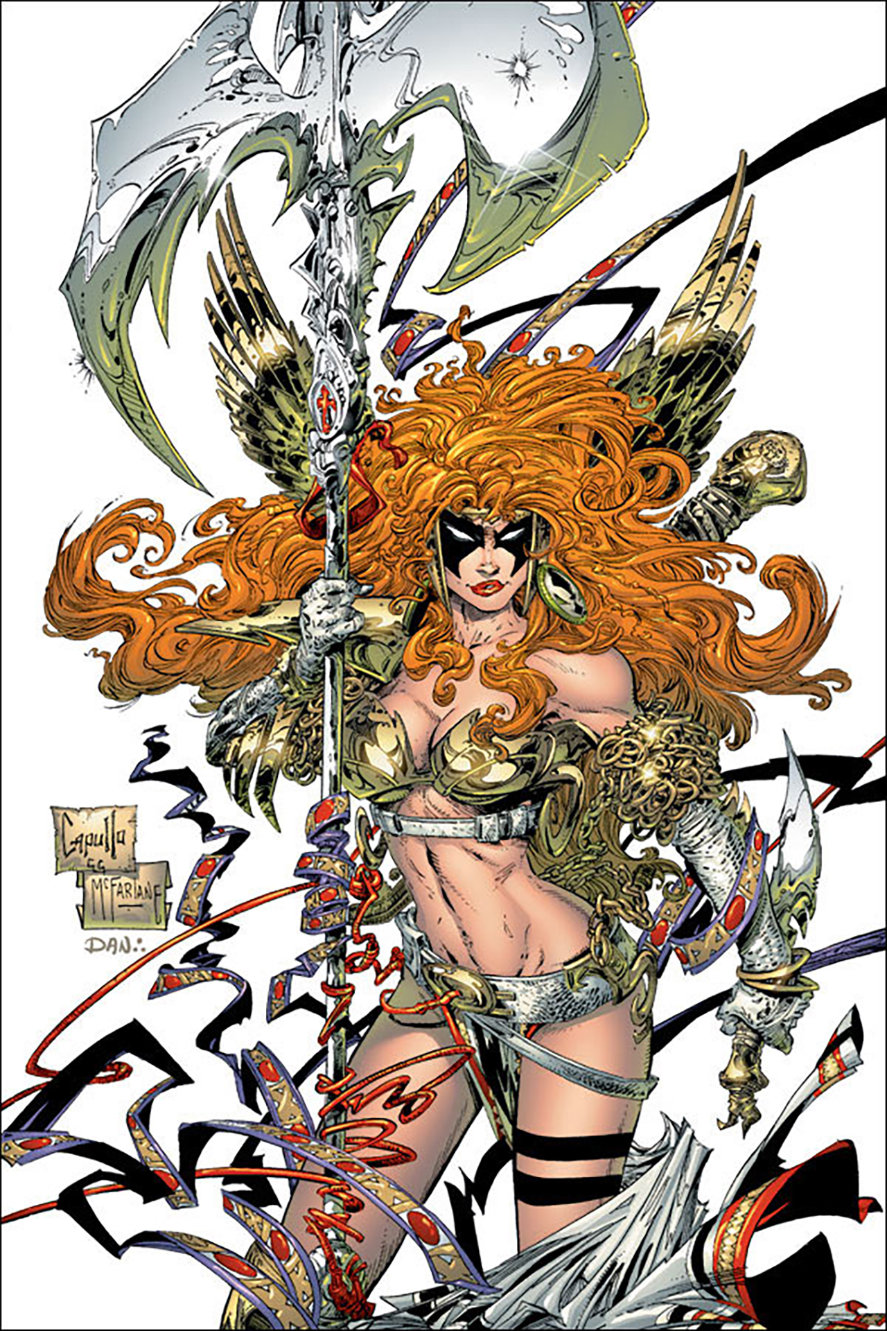 The original Image Comics version of Angela posing with her massive Glaive with her ribbons spreading out all around her