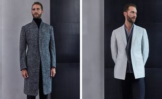 A male model wearing two looks from Kilgour's collection. The first look features a black turtle neck jumper, black trousers and a grey coat. And the second look features a light grey jacket with contrasting piece underneath and dark trousers