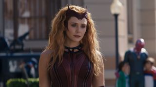 Wanda as Scarlet Witch in Westview's town square in WandaVision finale