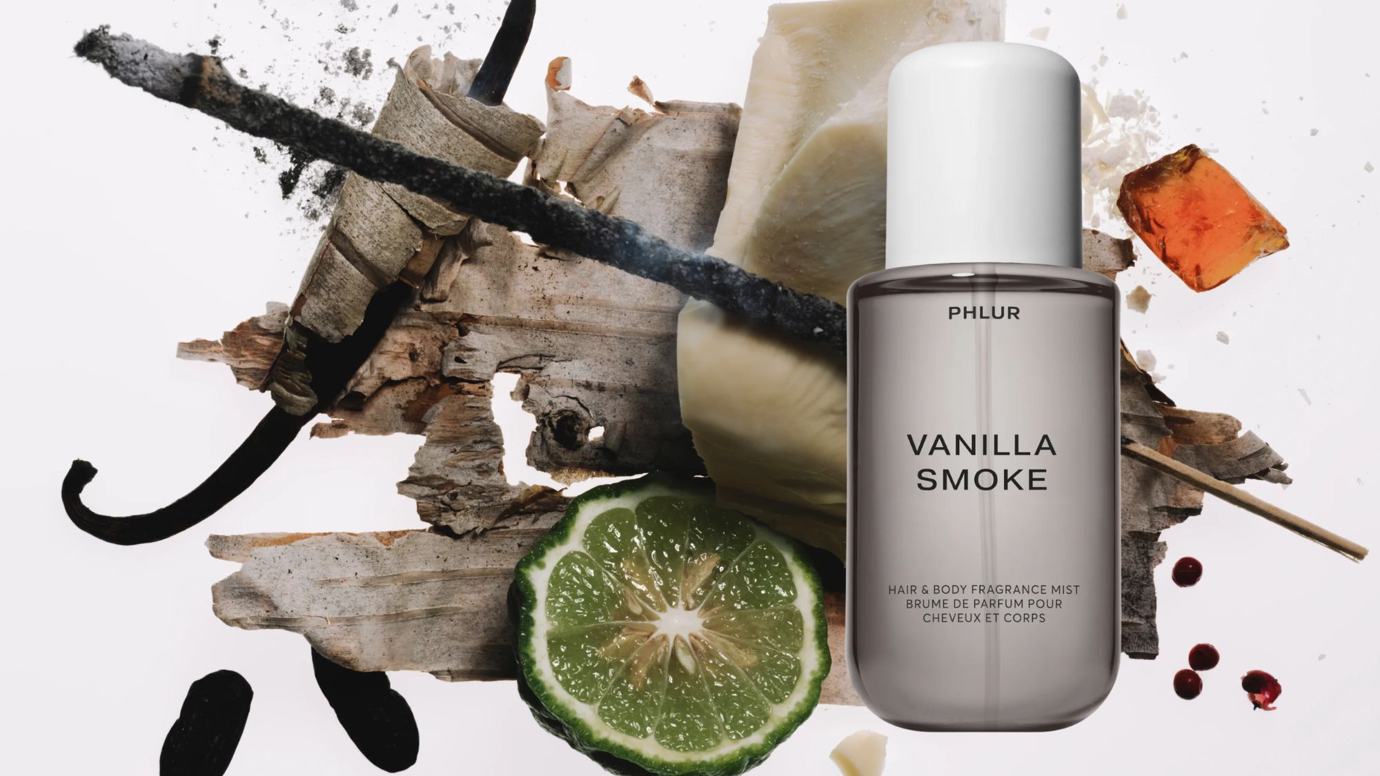 Phlur vanilla smoke bottle and ingredients