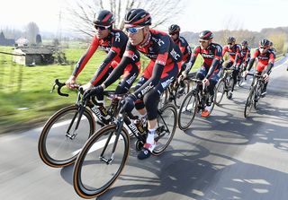 Belgian Greg Van Avermaet (L) of BMC Racing Team and Swiss Michael Schar (Front) of BMC Racing Team practice during a track reconnaissance, on April 1, 2016, ahead of Tour of Flanders