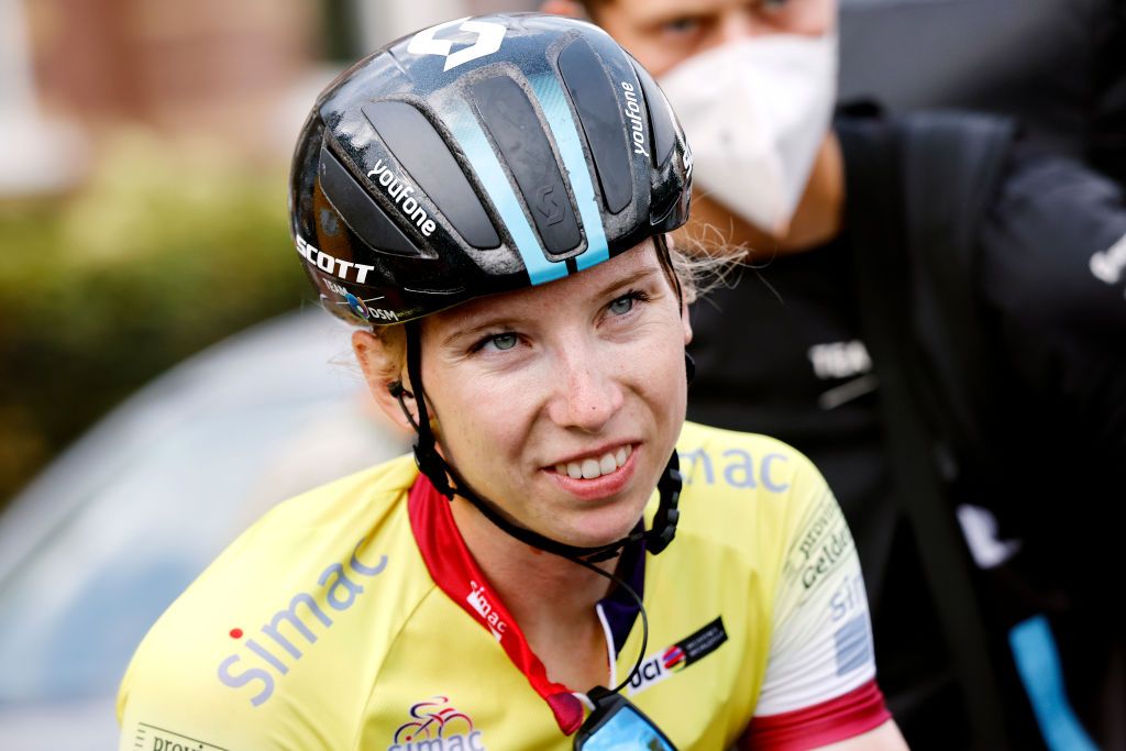 ARNHEM NETHERLANDS SEPTEMBER 04 Lorena Wiebes of Netherlands and Team DSM Yellow leader jersey celebrates the victory in the 25th Simac Ladies Tour 2022 Stage 6 a 1503km stage from Arnhem to Arnhem SLT2022 UCIWWT on September 04 2022 in Arnhem Netherlands Photo by Bas CzerwinskiGetty Images
