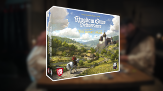 The Kingdom Come: Deliverance board game box outlined in white against a grungy, medieval background