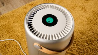 Image shows the top display panel of the Molekule Air Pro air purifier, which is sitting on a mustard colored rug in a living room.