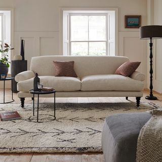 Sofa.com Saturday Sofa in Jasmine Silky Jacquard Weave in a white living room with a Berber-style rug