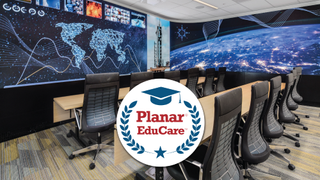The logo for the new Planar EduCare Program over the backdrop of monitors in mission-critical control room.
