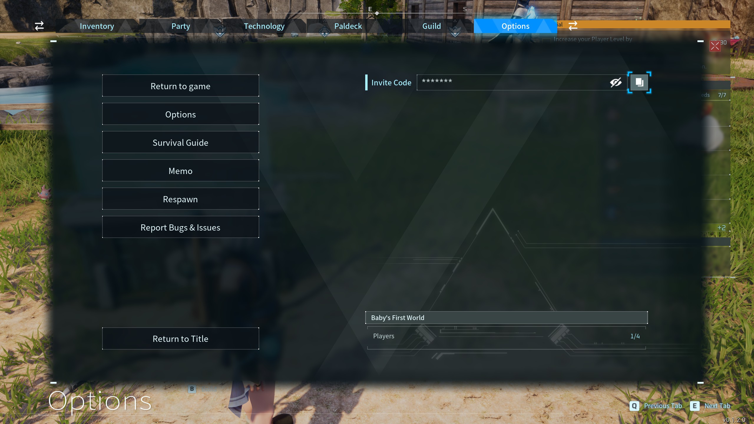 Palworld - game options menu showing an invite code for multiplayer