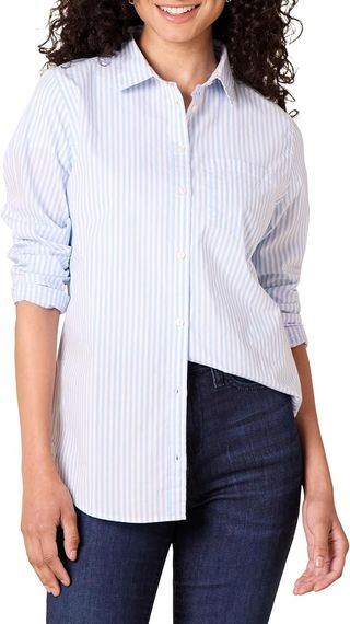 Amazon Essentials, Amazon Essentials Women's Classic-Fit Long-Sleeve Button-Down Poplin Shirt, French Blue White Stripe, Medium