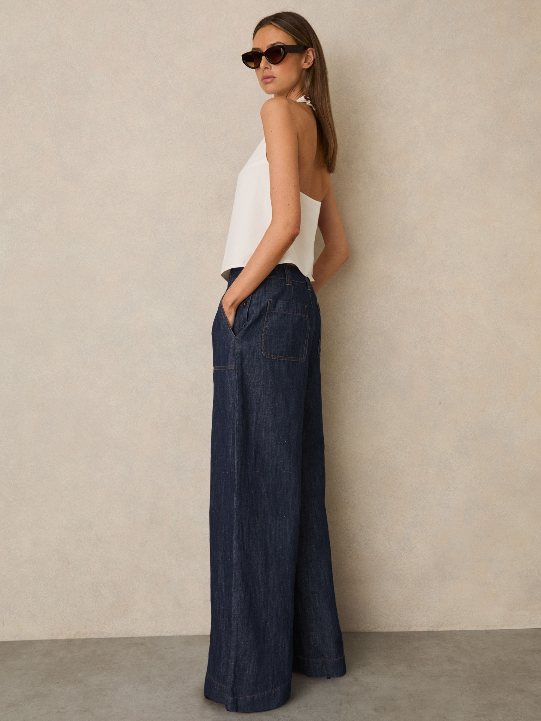 Petite Linen-Cotton Wide-Leg Trousers in Indigo