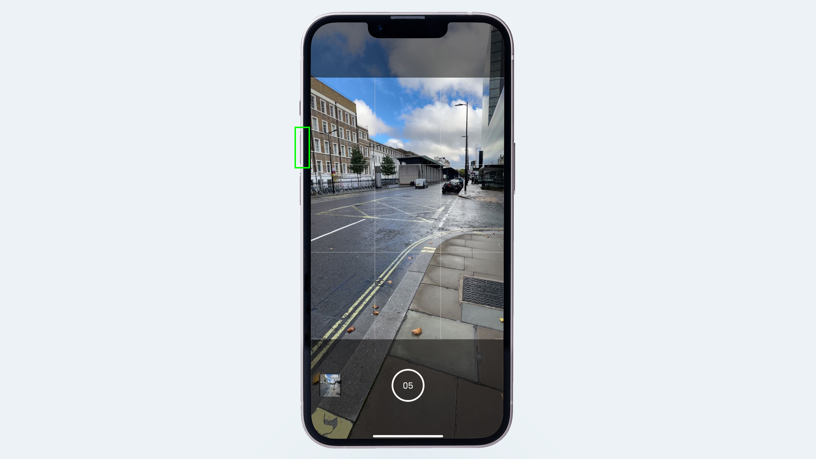 Two screenshots showing how to take burst photos in the iPhone Camera app using the volume buttons