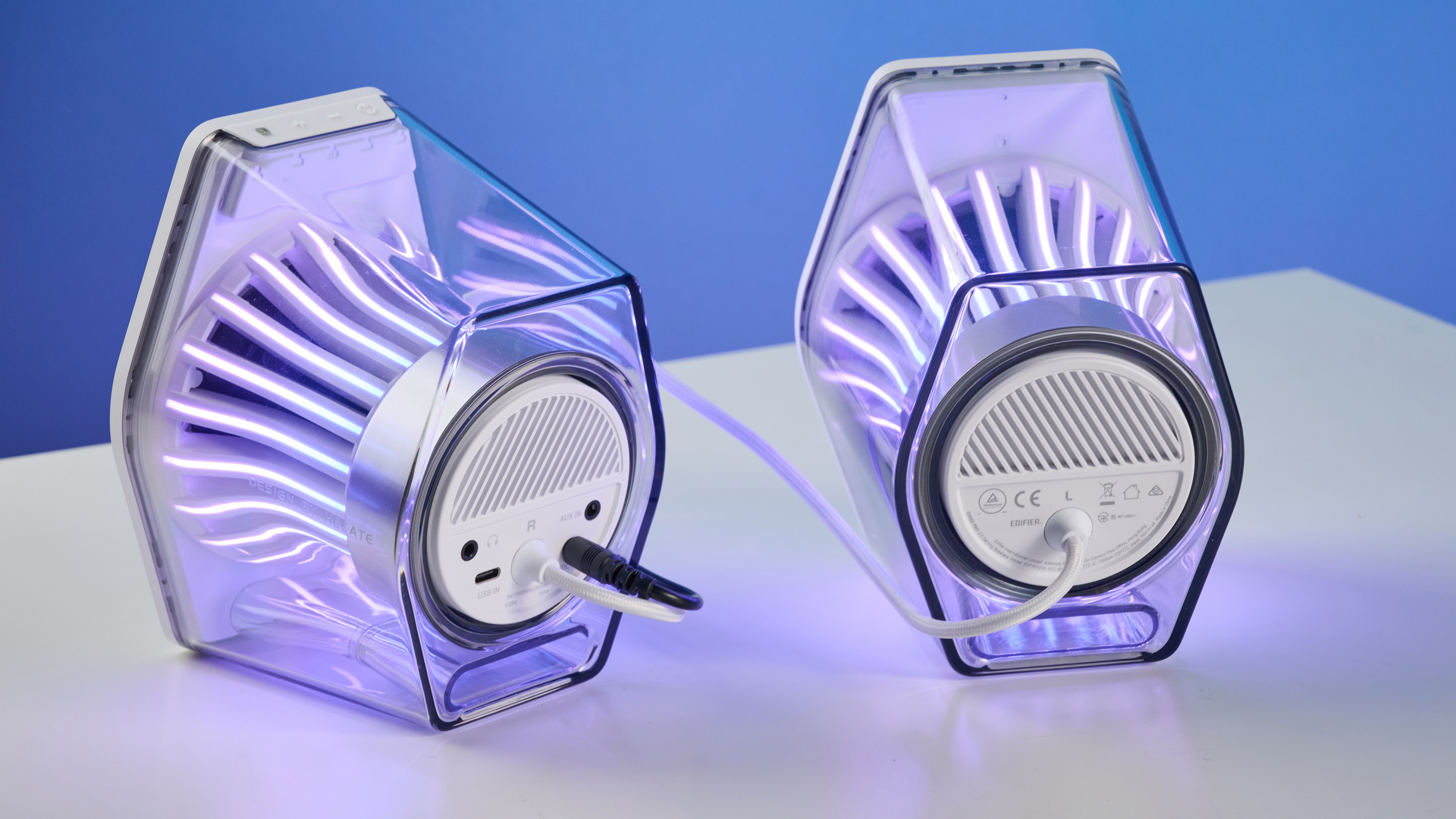 A pair of Edifier G2000 Pro gaming speakers with RGB lighting