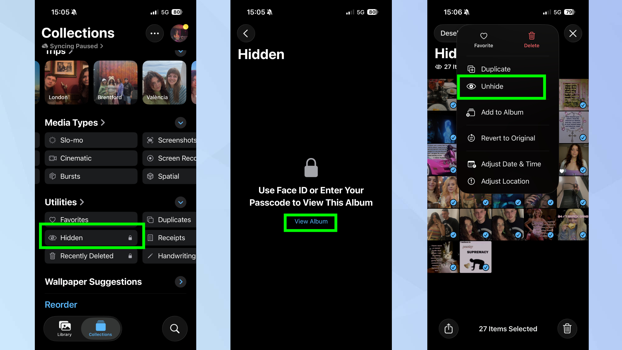 Unhiding photos on iPhone