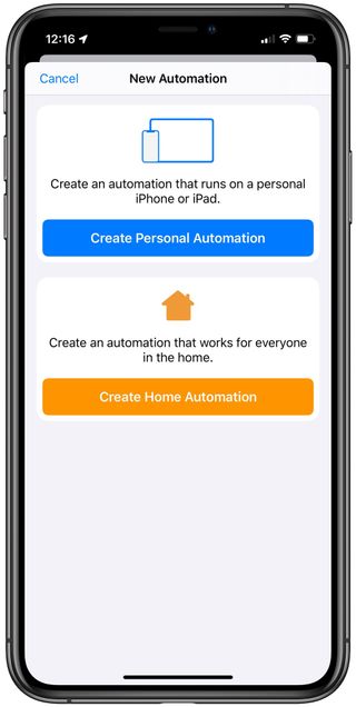 Screenshot showing the Automation setup screen where users pick between Personal and Home automations.