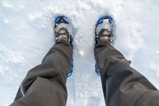 A hiker's feet wearing snowshoes in the snow