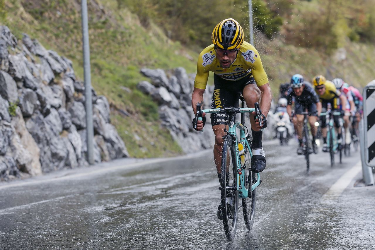 Primoz Roglic (Jumbo-Visma) in full flight at the Tour de Romandie.