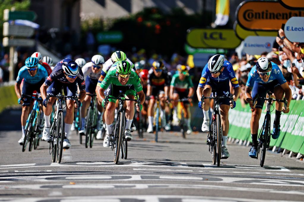 CARCASSONNE FRANCE JULY 09 Jasper Philipsen of Belgium and Team AlpecinFenix Mark Cavendish of The United Kingdom Green Points Jersey Michael Mrkv of Denmark and Team Deceuninck QuickStep Ivn Garca Cortina of Spain and Movistar Team sprint at arrival during the 108th Tour de France 2021 Stage 13 a 2199km stage from Nmes to Carcassonne LeTour TDF2021 on July 09 2021 in Carcassonne France Photo by Chris GraythenGetty Images