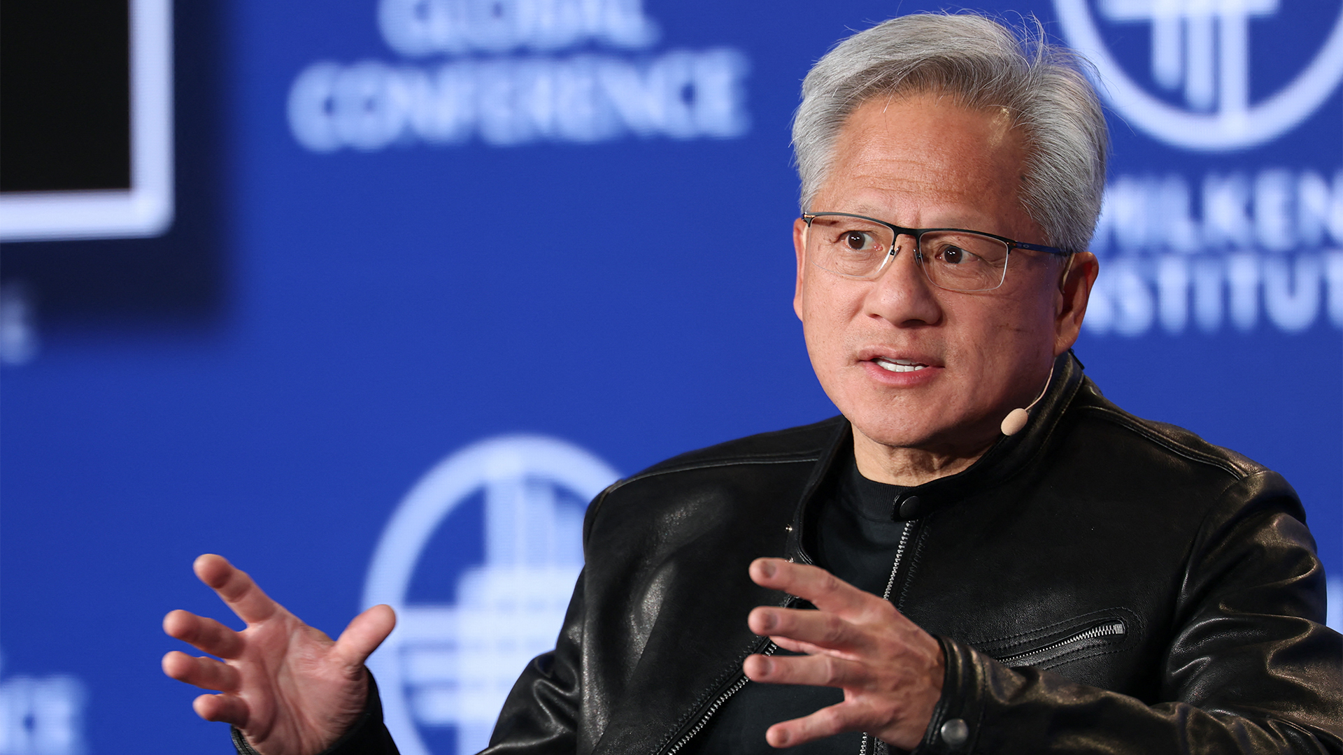 Nvidia CEO Jensen Huang speaking during a keynote presentation at the 29th annual Milken Institute Global Conference at the Beverly Hilton in Beverly Hills, California,