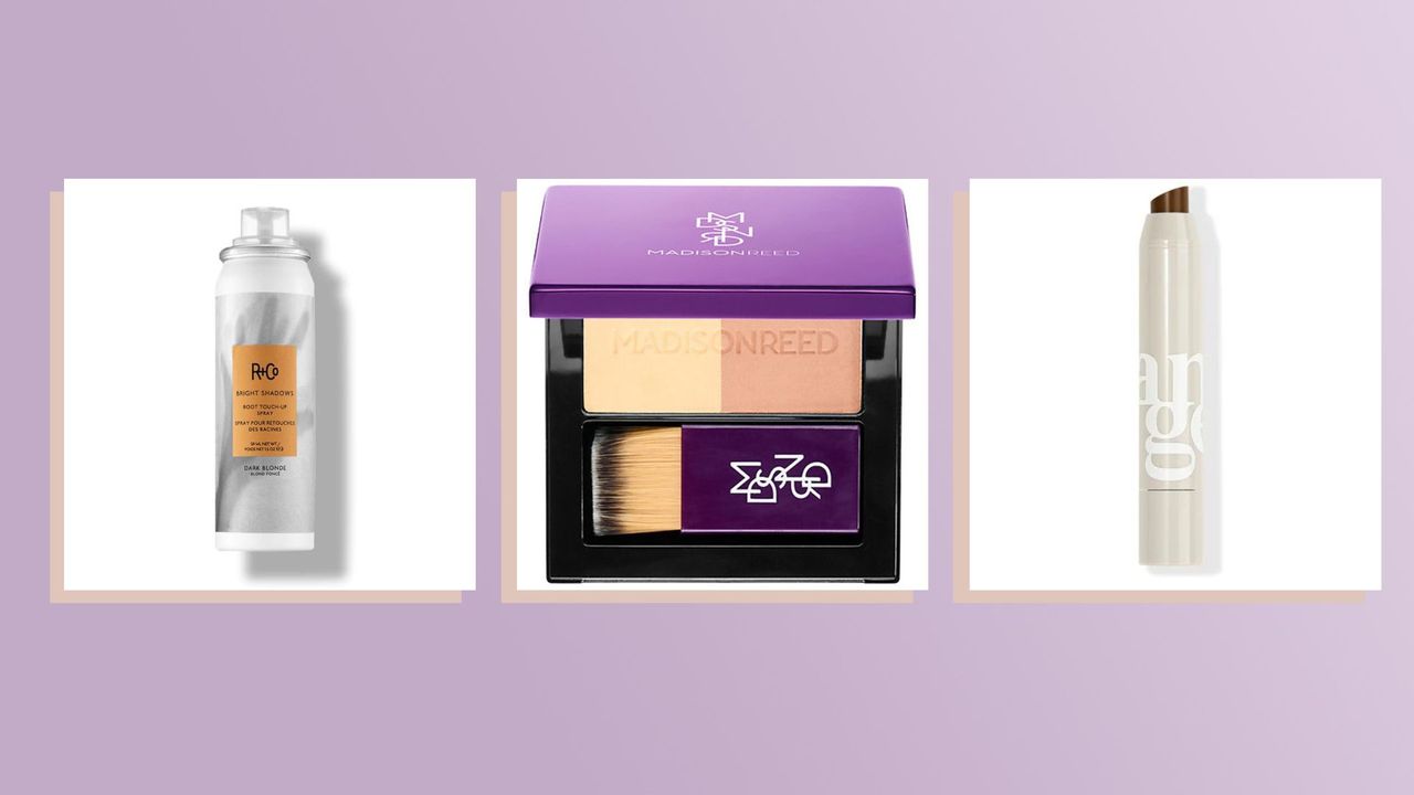 Three of the best root touch up products on a lilac backdrop, r+co l&#039;ange and madison reed