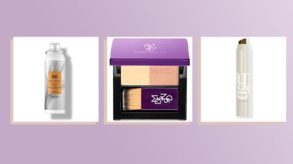 Three of the best root touch up products on a lilac backdrop, r+co l'ange and madison reed