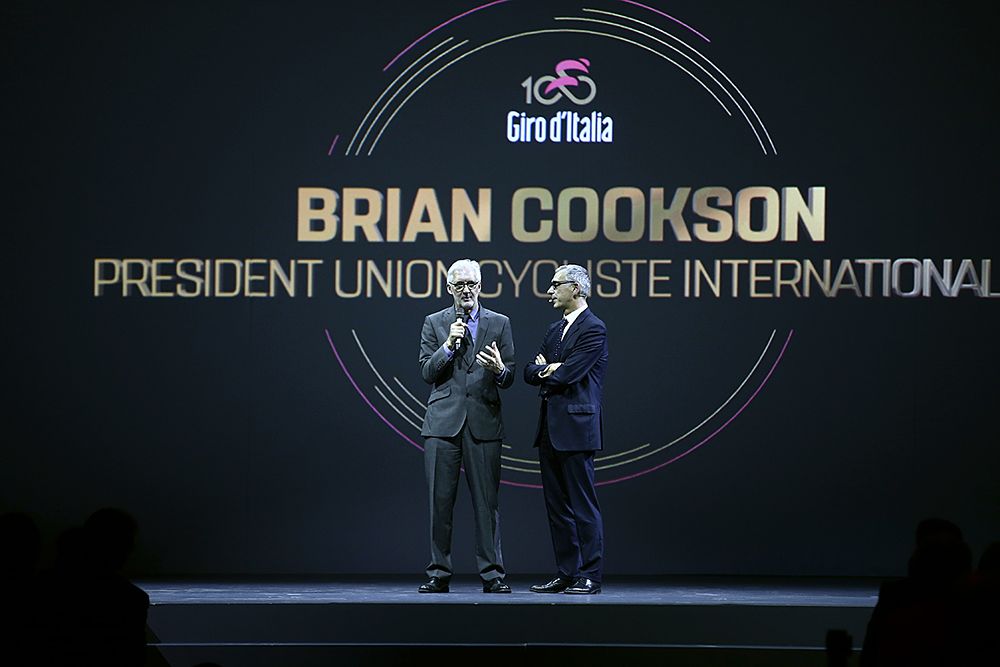 Brian Cookson gave a speech on stage at the 2017 Giro d'Italia presentation