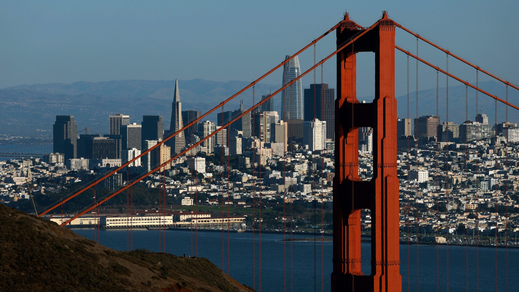 The skyline of San Francisco is seen behind the Golden Gate Bridge.