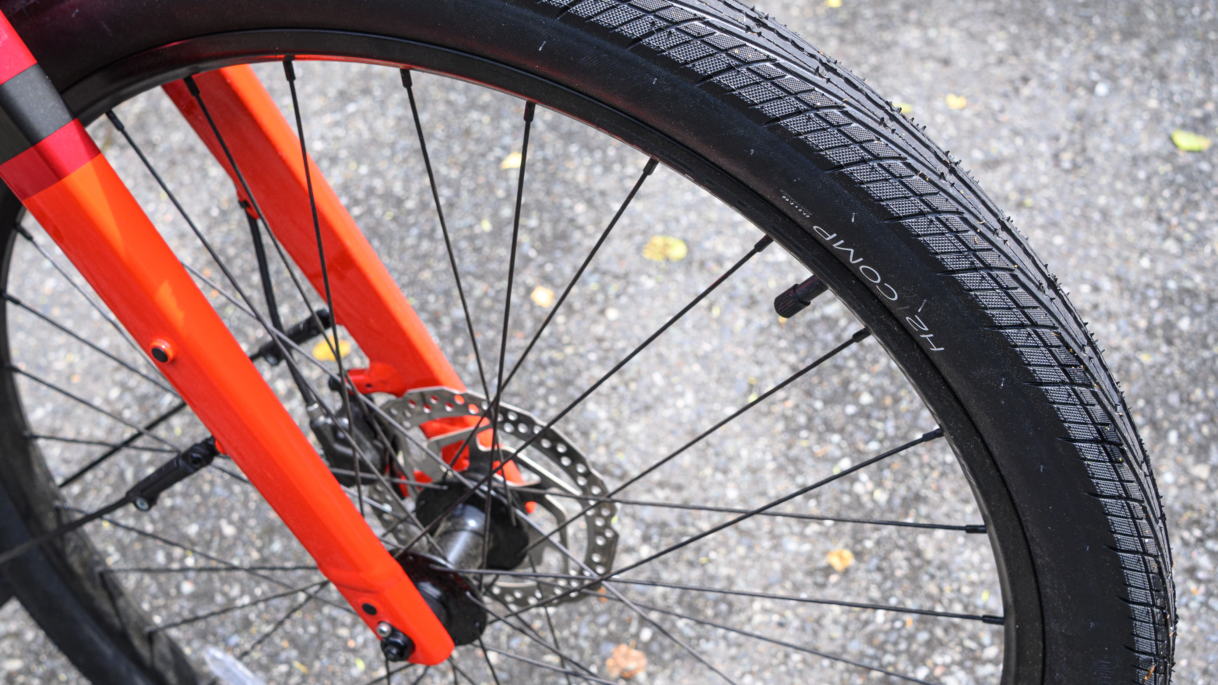 A close-up view of the tires and wheels on the Trek Verve+ 1 ebike.