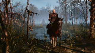 Geralt rides a horse through a swamp in The Witcher 3 Remastered.