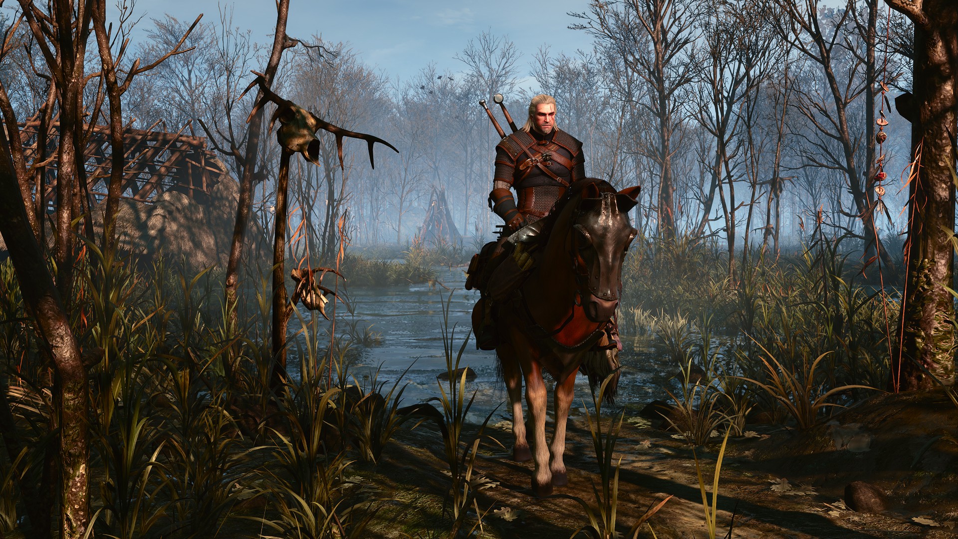 Geralt rides a horse through a swamp in The Witcher 3 Remastered.