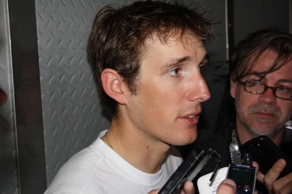 Andy Schleck speaks at a presscon onboard the ferry on the way to stage 2 at the Tour of Oman