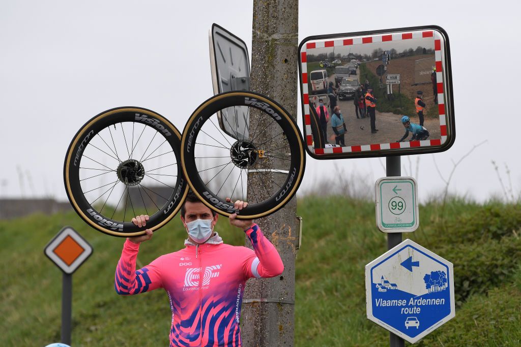 OUDENAARDE BELGIUM APRIL 04 Technical support of Team EF Education Nippo during the 105th Ronde van Vlaanderen Tour of Flanders 2021 Mens Elite a 2515km race from Antwerp to Oudenaarde Mechanic Wheel RVV21 rondevanvlaanderen tourofflanders on April 04 2021 in Oudenaarde Belgium Photo by Tim de WaeleGetty Images