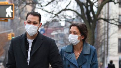 new york city, ny january 13 katie holmes and emilio vitolo jr are seen on january 13, 2021 in new york city, new york photo by megagc images