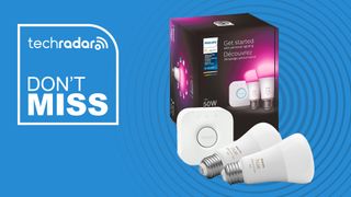 Philips Hue starter kit on blue background with white text reading 'TechRadar don't miss'