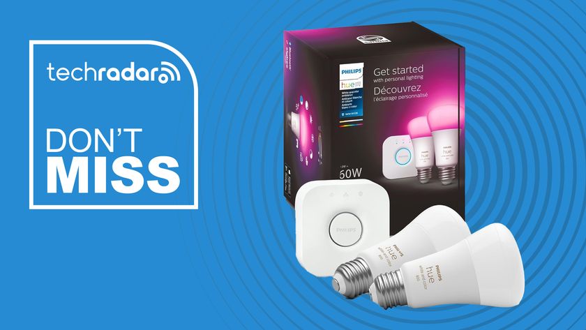 Philips Hue starter kit on blue background with white text reading &#039;TechRadar don&#039;t miss&#039;