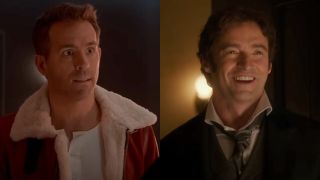 Ryan Reynolds starring wide-eyed in Spirited and Hugh Jackman smiling in The Greatest Showman.