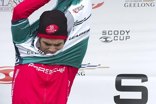 Rhys Pollock (Drapac Porsche) tries on his City of Greater Geelong Sprint Points leader's jersey in North Shore.