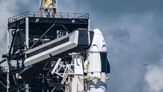 A large black industrial tower stands on the left with a white arm extended to a white capsule atop a white rocket. A bird flies in the distance on the right.