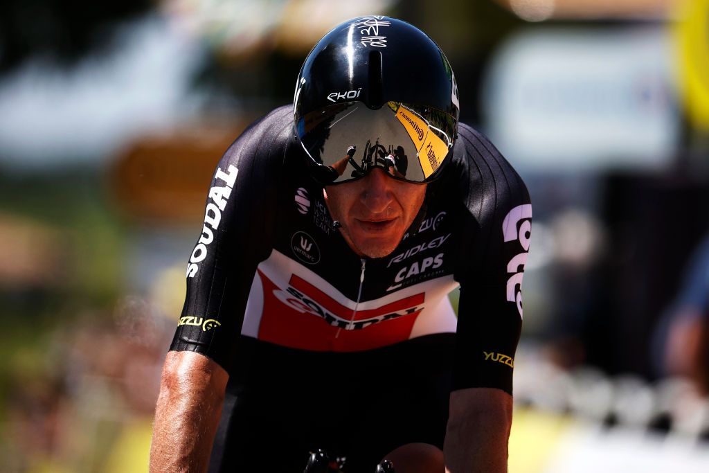 SAINTEMILION FRANCE JULY 17 Harry Sweeny of Australia and Team Lotto Soudal at arrival during the 108th Tour de France 2021 Stage 20 a 308km Individual Time Trial Stage from Libourne to SaintEmilion 75m ITT LeTour TDF2021 on July 17 2021 in SaintEmilion France Photo by Chris GraythenGetty Images