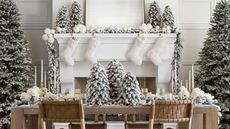 Small and large frosted faux Christmas trees in front of a white festive mantel