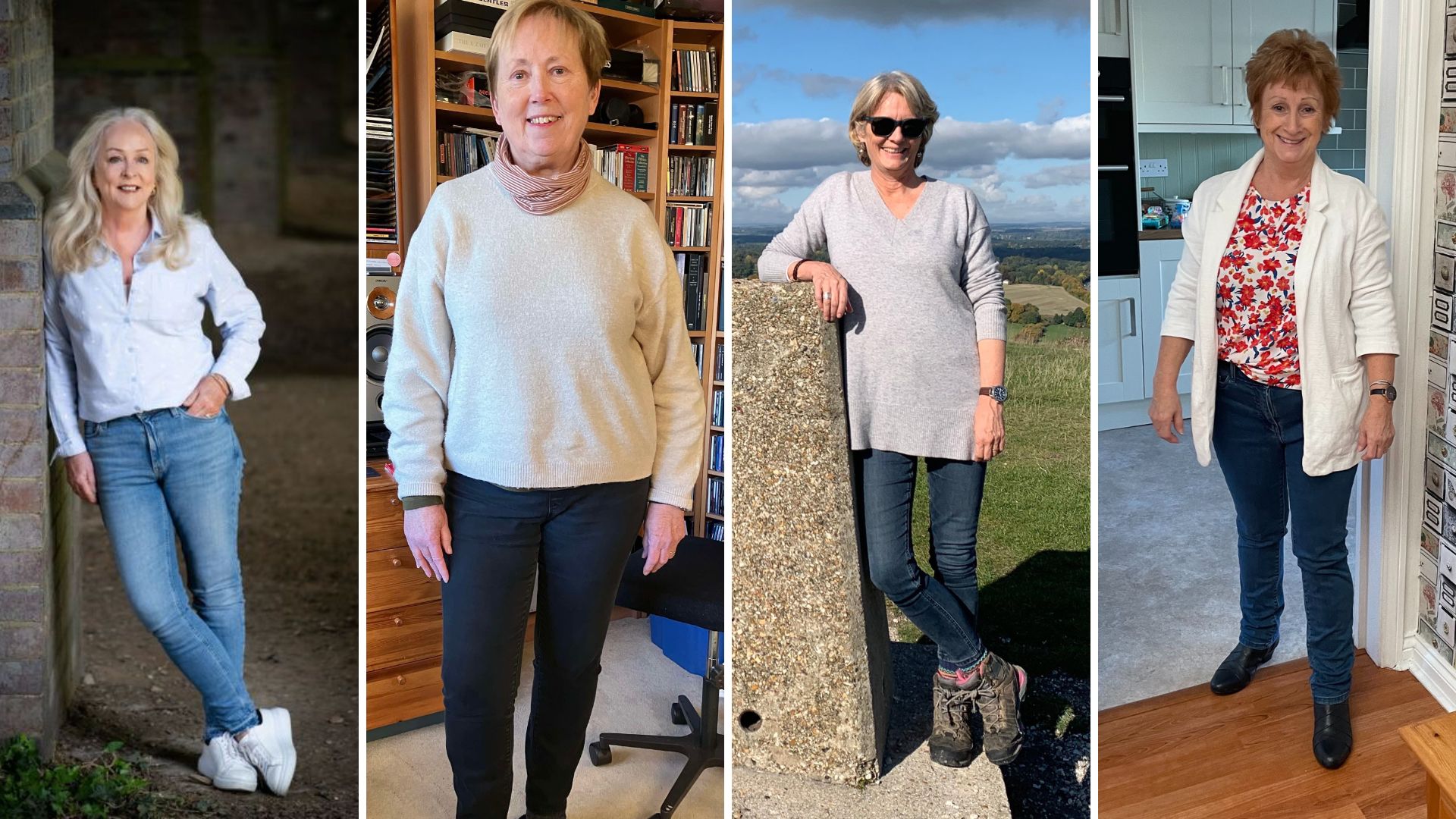 Four women wearing some of the best jeans for women over 60 