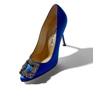 blue satin pumps with front jeweled buckle