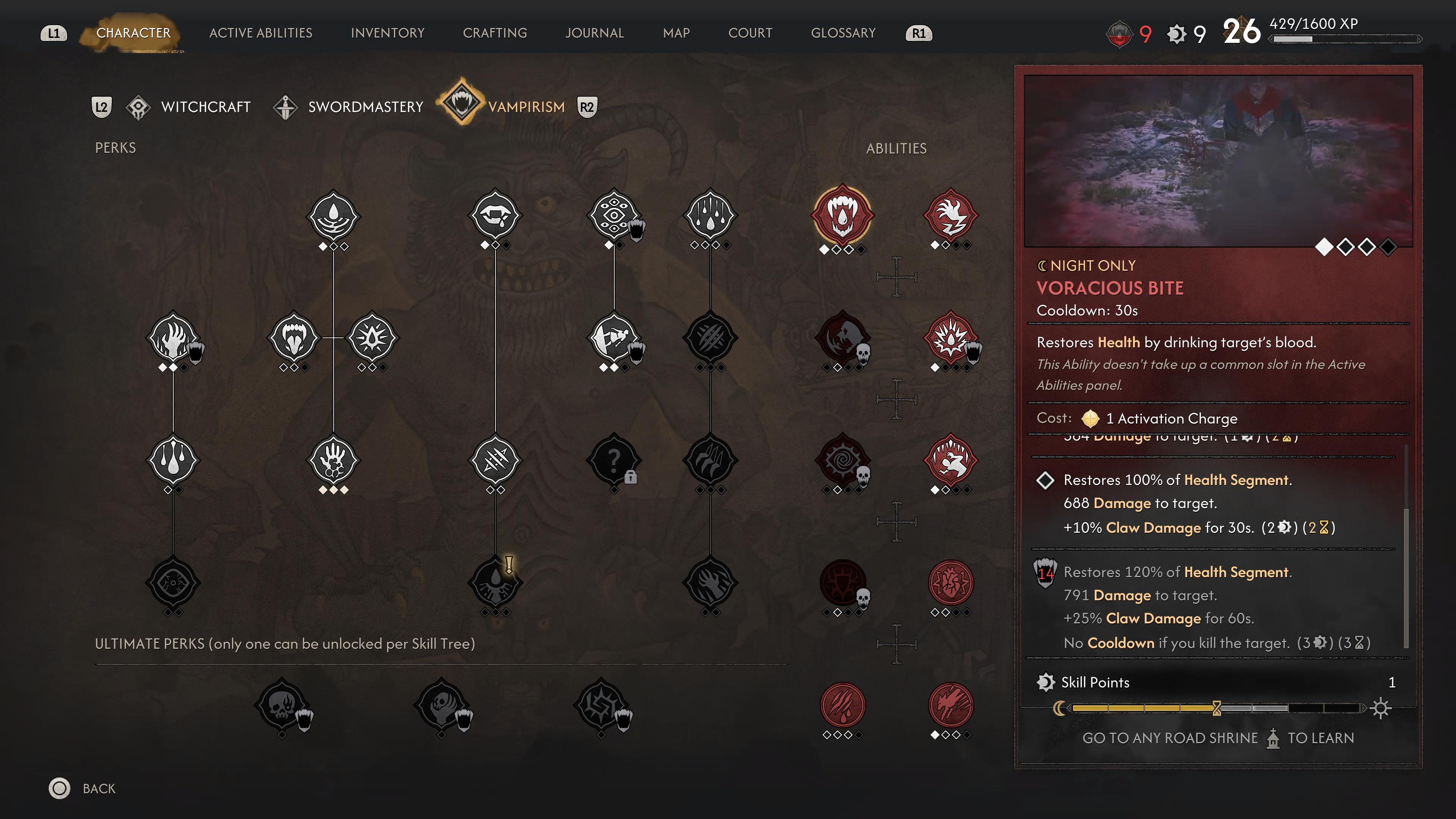 Vampirism perks and skill tree in The Blood of Dawnwalker