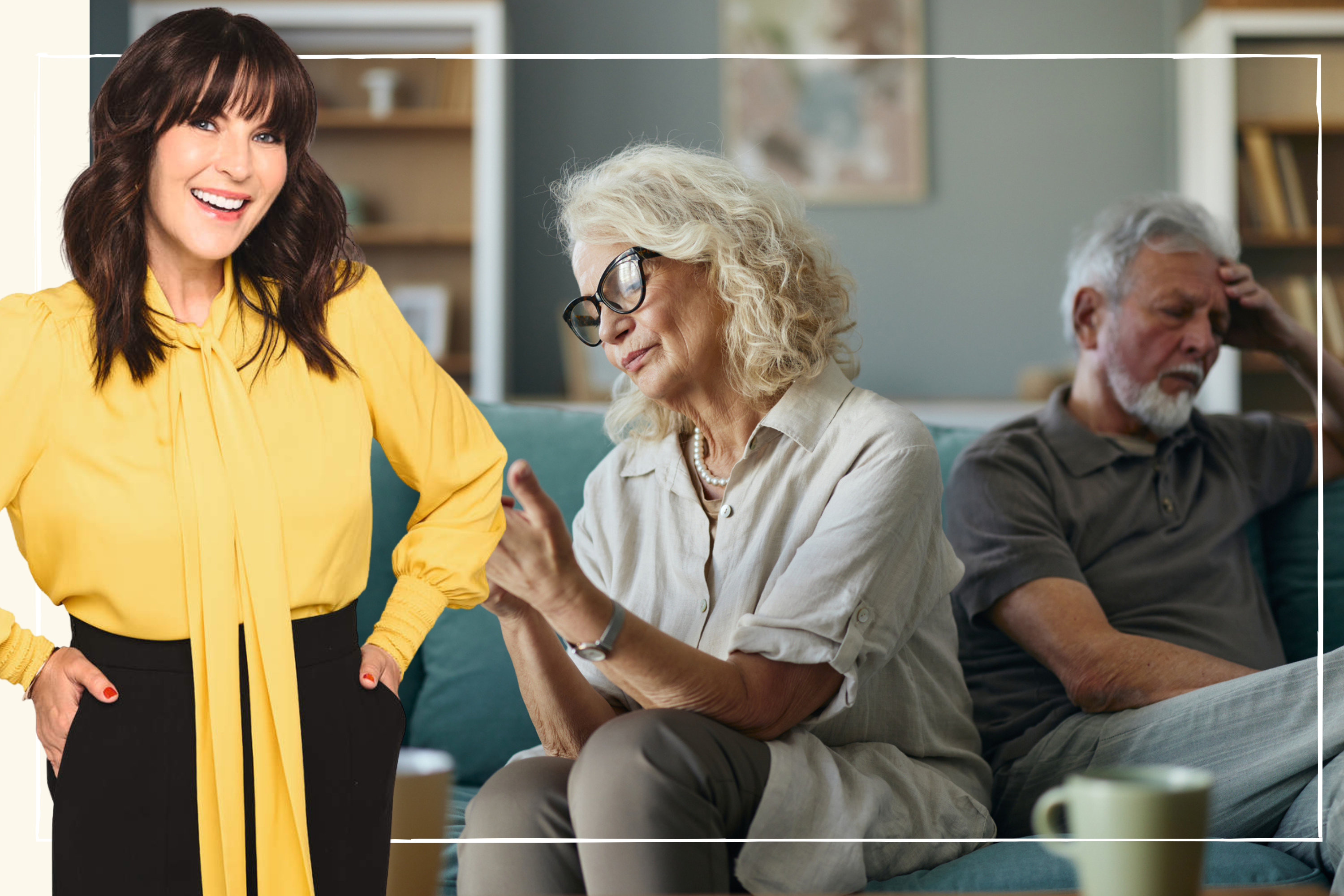 A composite image of a couple in the background, with a shot of Anna Richardson to the left