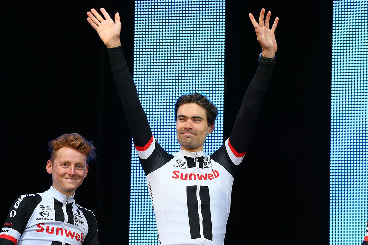Tom Dumoulin on the podium after the World Championship team time trial