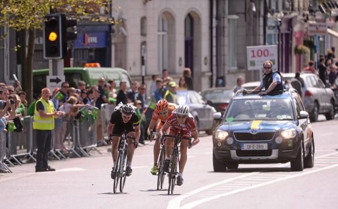 Tomas Okrouhlicky, AC Sparta Praha, right, on his way to winning Stage 7 of the 2013 An Post R&aacute;s, followed by Roger Aiken, left, Louth Prague Charter Team, and Jakub Kratochvila, Arbo Gebrder Weiss