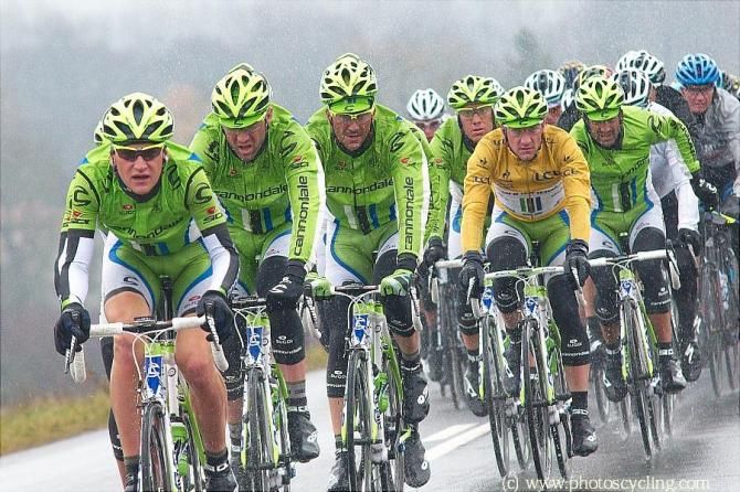 Paris-Nice leader Elia Viviani tucked in behind his Cannondale Pro Cycling teammates.